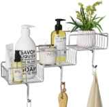 Bathroom Shelf Organizer Storage with Hooks, Adhesive Shower Caddy Kitchen Spice Rack Wall Mounted No Drilling Rustproof Stainless Steel