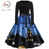 Pumpkin Print Halloween Dress Women 2020 Autumn Long Sleeve Slim Party Dress Vintage Elegant V Neck Long Dresses Vestidos
